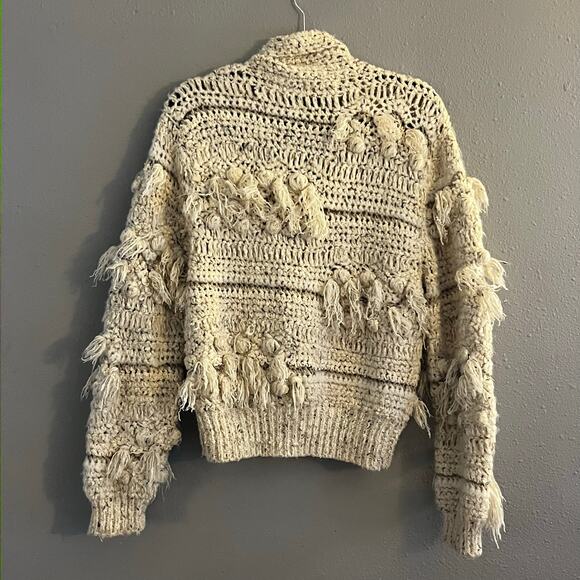Vintage Gil Aimbez Static Crocheted Popcorn Fringe Cardigan Sweater Cream Small - Picture 2 of 4